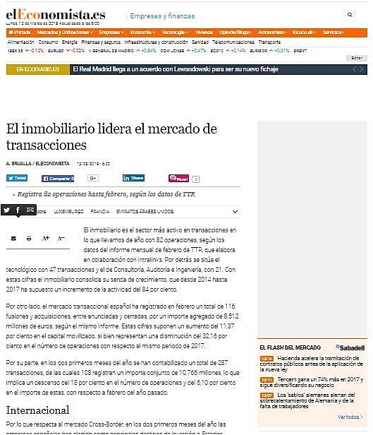 El inmobiliario lidera el mercado de transacciones